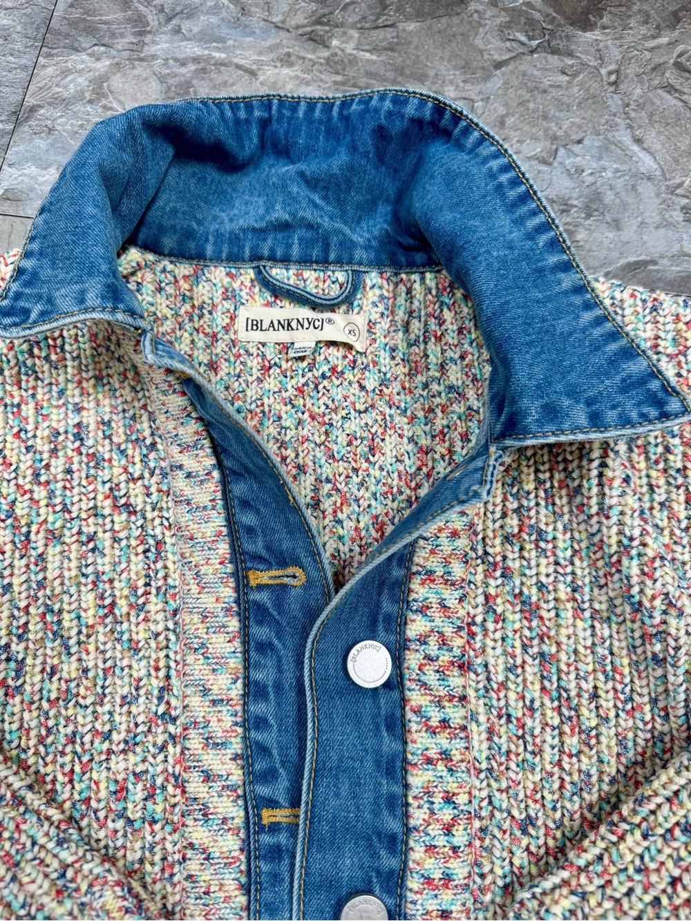 Blank NYC Multicolor Knit Sweater with Denim Collar
